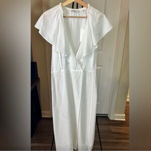 VINCE White Wrap Dress Flutter Sleeve V-Neck Ruffle Cape Midi Designer S